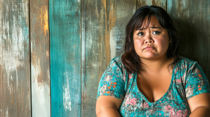 Fototapeta premium Worried asian woman in floral dress leaning against rustic wooden wall indoors