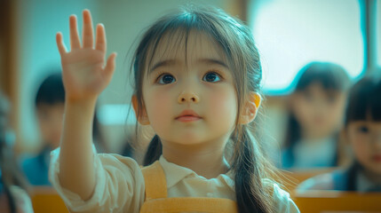 Young asian girl with ponytails raising hand in classroom, engaged in learning