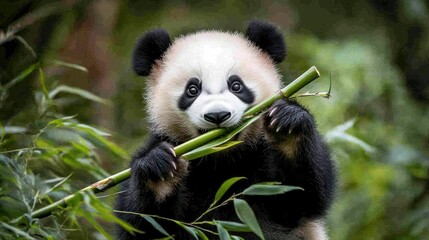 Obraz premium A Young Panda Cub Enjoying a Bamboo Snack in Lush Foliage