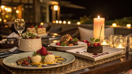 Fototapeta premium Exquisite Night Photography of Delicious Gourmet Dishes Elegantly Presented Under Soft Ambient Lighting in a Cozy Restaurant Setting