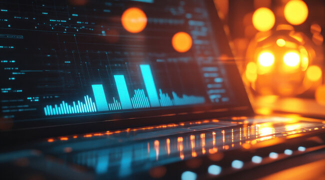 close up of open laptop displaying digital graphs and data visualizations, illuminated by warm light. vibrant colors and intricate details create modern and tech savvy atmosphere