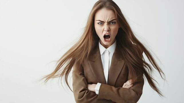 Stressed, screaming young businesswoman, on grey, background
