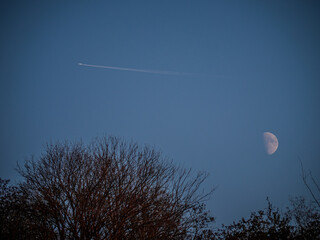 In the early evening hours, we can often notice the rising moon and airplanes still lit by the sun in the sky.