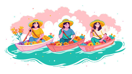 Serene Springtime Boating with Flower-filled Canoes
