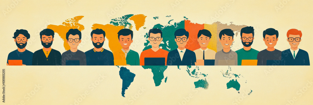 Poster A collection of individuals of different backgrounds collaborates, showcasing diversity while standing in front of a world map
