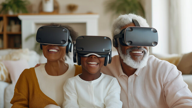 A joyful family engages in virtual reality gameplay showcasing bonding moments enhanced by technology in a comfortable home setting.