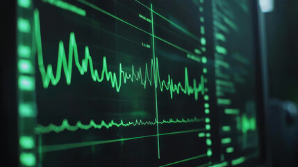 Fototapeta premium detailed close up of ECG line on digital monitor, showcasing intricate patterns of heart activity. vibrant green lines represent vital signs, emphasizing importance of monitoring health
