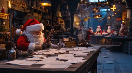 Santa Claus sits at a wooden desk in his workshop, surrounded by letters from children, while elves work in the background.