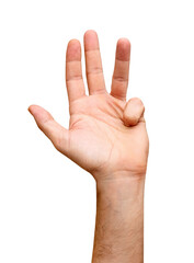 Isolated man’s hand showing four fingers. The little finger is bent inward to represent the first...