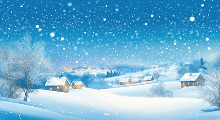 Snowy Winter Village Landscape with Starry Night Sky, Vector Illustration in Blue Tones, Simple Cartoon Style Design