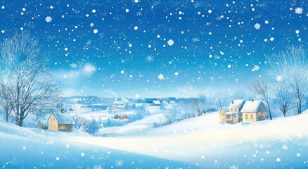 Snowy Winter Village Landscape with Starry Night Sky, Vector Illustration in Blue Tones, Simple Cartoon Style Design