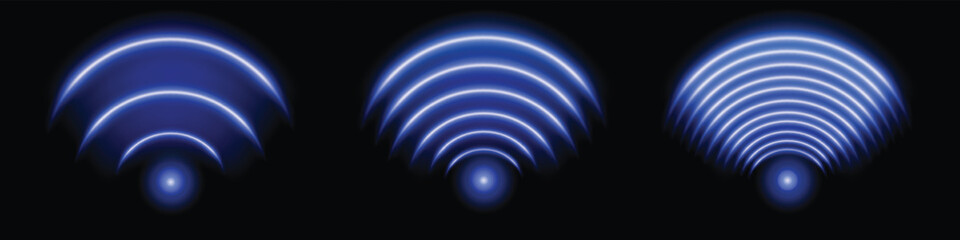 Blue glowing signal sensor, sonar waves. Wi-Fi light effect vector illustration