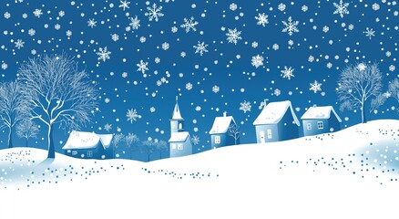 Snowy Winter Village Landscape with Starry Night Sky, Vector Illustration in Blue Tones, Simple Cartoon Style Design