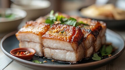 Crispy Golden Pork Belly Dish with Fresh Herbs and Red Chili Sauce Served on a Stylish Platter in a Rustic Dining Setting