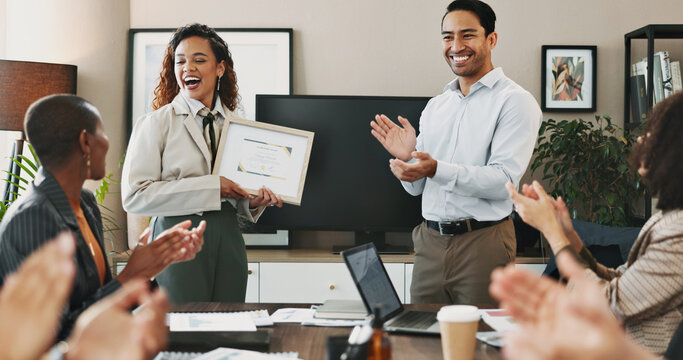 Office, woman and man with clapping hands at award ceremony for achievement, success and well done. People, employees and happy or applause at boardroom with certificate for celebration or completion