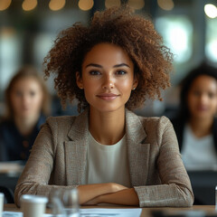 female meeting with her team of five people