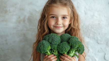 fair haired girl is holding fresh broccoli with cheerful smile, showcasing her love for healthy eating. vibrant green color of broccoli adds to joyful atmosphere