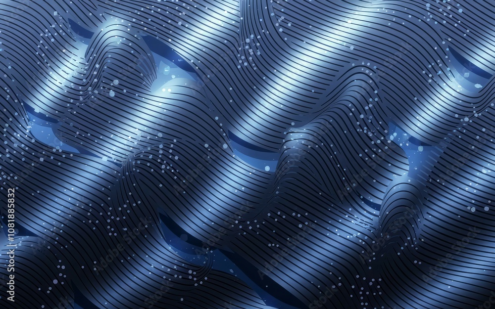 Poster blue abstract waves. fluid metallic texture background. symbolizes digital flow and connection. eleg