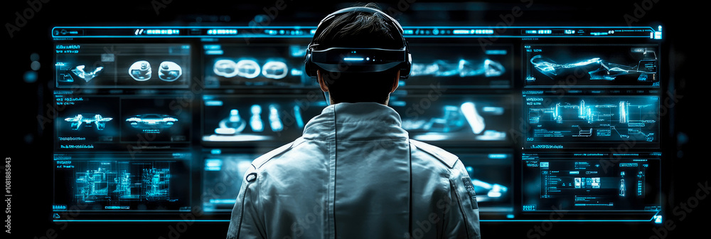 Poster the individual examines complex holographic displays in a sophisticated control room, showcasing adv