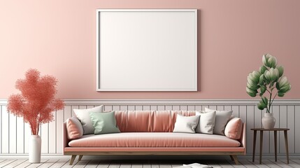 Minimalist interior with blank empty poster on wall, clean and elegant