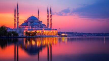 Obraz premium A majestic mosque with minarets stands on the waterfront, bathed in the warm glow of a vibrant sunrise. The reflection of the mosque in the still water adds a sense of peace and serenity to the scene.