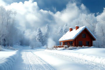 A small cabin is surrounded by trees and snow. The cabin is the only building in the scene
