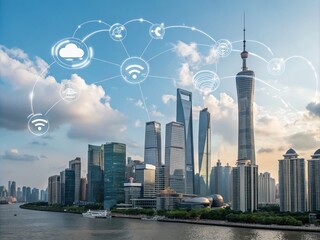 Obraz premium Futuristic Smart Cityscape with Intelligent Buildings and Cloud Computing, Showcasing Big Data Exchange and Storage in an Urban Environment for Business Technology Concepts