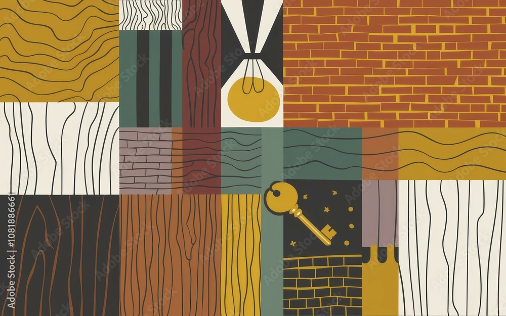 Poster abstract key design. geometric patterns, textures, and a key symbolize hidden potential and unlockin