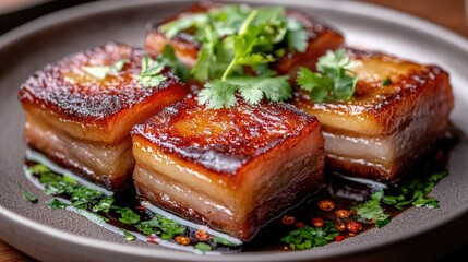 Crispy Pork Belly Served on a Plate Garnished with Fresh Herbs, Spicy Sauce and Vibrant Green Cilantro for an Inviting Culinary Experience
