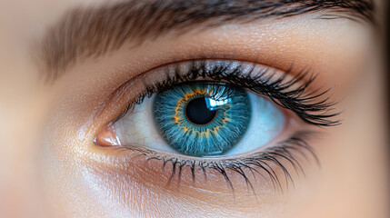 Obraz premium A stunning close-up reveals a blue eye, highlighting intricate iris patterns and long eyelashes, reflecting natural beauty and vivid color