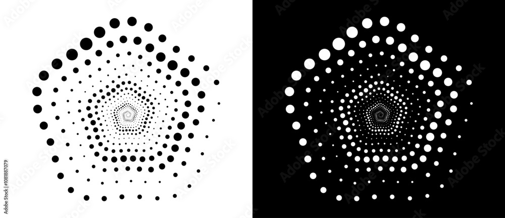 Poster spiral dotted background like pentagon. art design logo or icon. black shape on a white background a