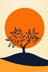 Minimalist illustration of an olive tree silhouette on a hill against a large orange sun, creating a bold and modern Mediterranean-inspired artwork for decor..