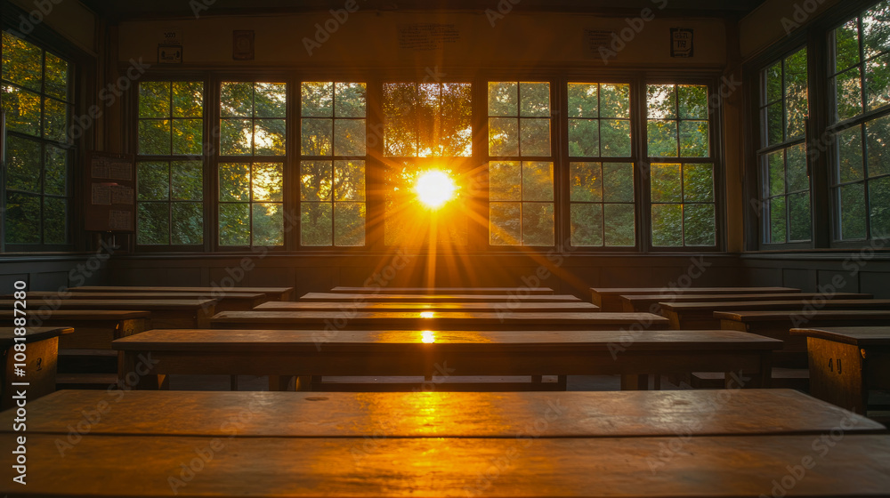 Poster golden sunlight filters through large windows, casting warmth on empty desks in a tranquil classroom