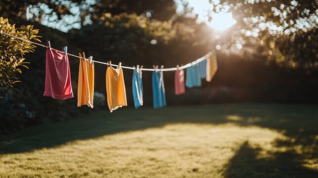 Colorful shirts hanging on a clothesline in a sunlit garden during a pleasant day, showcasing vibrant hues against a natural backdrop of greenery and sunlight.