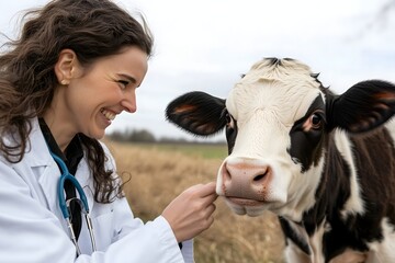Female veterinarian in white coat smiling at cow, horizontal  banner for veterinary clinic, animal welfare organization, farm service, agricultural education, rural healthcare, copy space