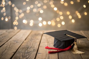 Graduation Celebration with Bokeh Effect Against a Rustic Wood Backdrop, Perfect for Announcements, Invitations, and Social Media Posts for Graduates