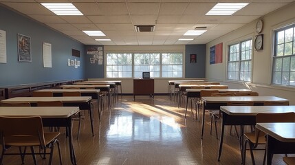 Fototapeta premium Empty Classroom bathed in Sunlight: A Serene Study Space