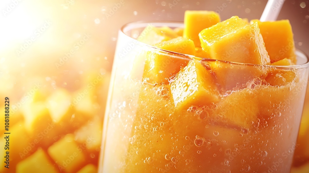 Poster refreshing mango smoothie with chunks of ripe mango in a glass, sparkling drink with bubbles and sof