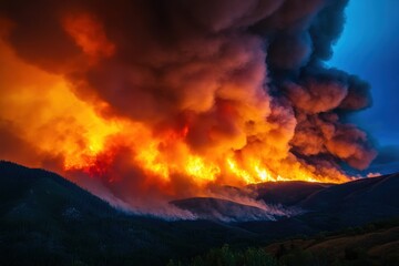 Fototapeta premium Volunteers and firefighters unite to control a wildfire crisis, demonstrating bravery and teamwork in the face of danger.