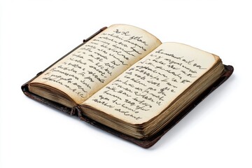 An open vintage book with handwritten text captivatingly displayed on its pages. Perfect for creative projects or historical themes. Generative AI