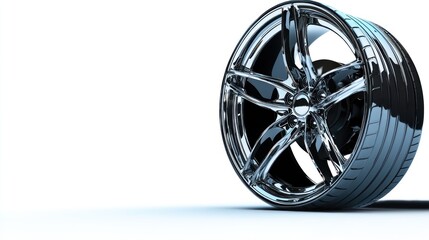 A close-up of a chrome car wheel with a black tire against a white background.