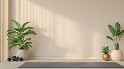 A minimalist home gym setup, with yoga mat, weights, and plants for a peaceful vibe