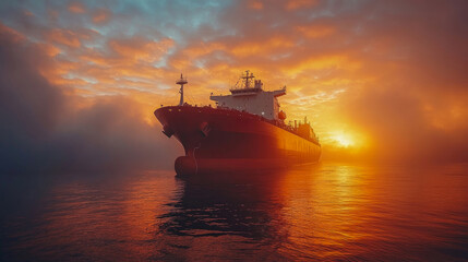 Obraz premium A large cargo ship is anchored in tranquil waters as a vivid sunrise casts warm colors through misty clouds
