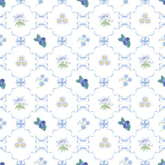 Seamless pattern ribbons, blueberry and flowers.