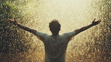 A person embracing the rain arms open head tilted back expressing joy and freedom in the moment