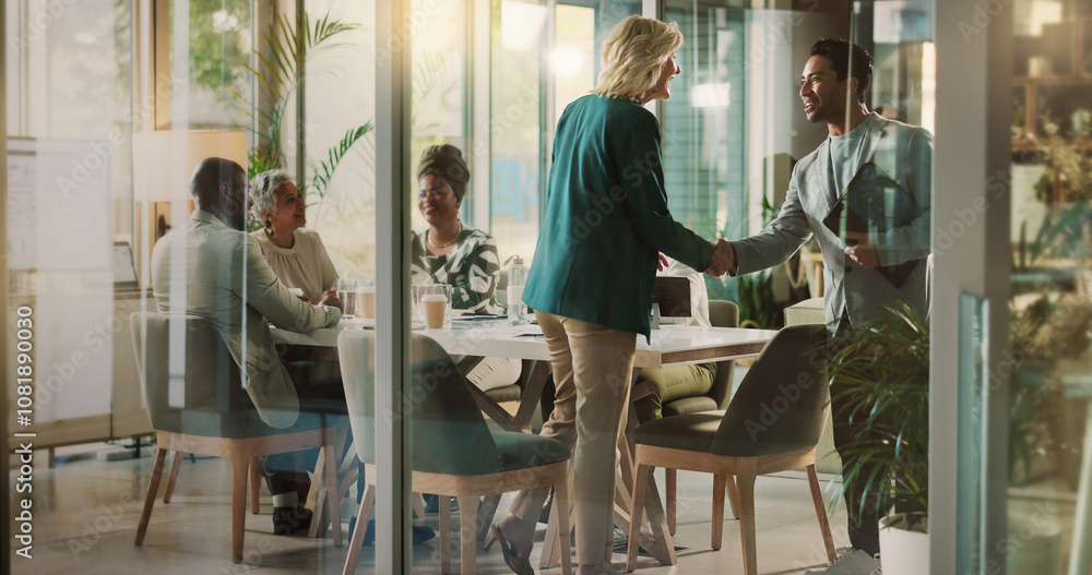 Poster Handshake, meeting and partnership with business people in boardroom of glass office together. Deal, thank you and welcome with employee team shaking hands in corporate workplace for agreement