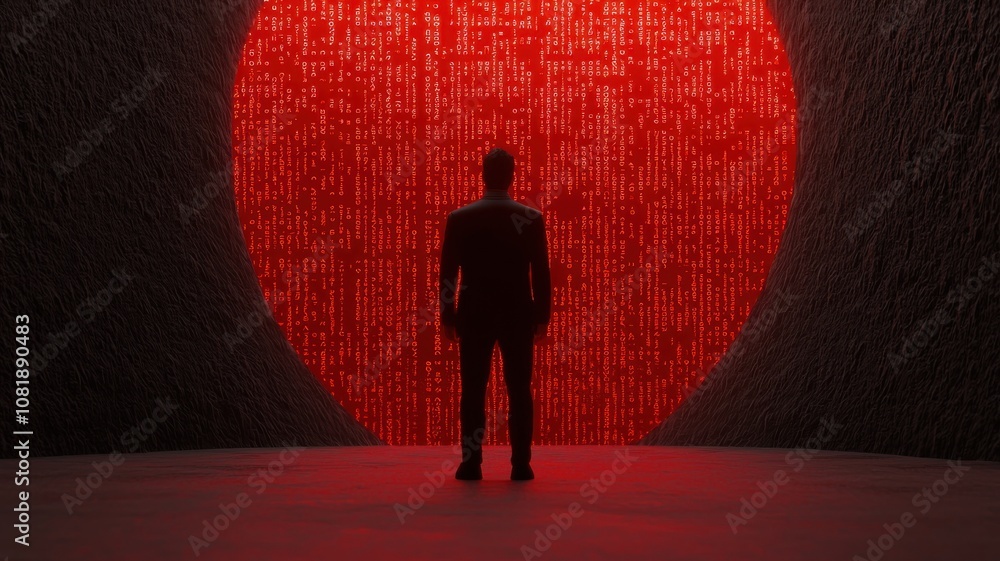 Poster quantum computing of cryptography concept. a silhouetted figure stands before a giant red circle, su