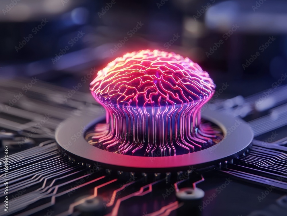 Poster a vibrant, futuristic depiction of a brain-like structure emitting colorful light, set against a cir