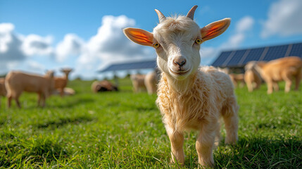 Obraz premium Goat breeding on a sustainable farm with goats roaming freely, solar panels in the background, showcasing eco-friendly farming practices