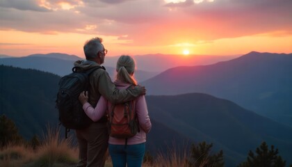 Obraz premium A senior couple enjoys a stunning sunset while hiking in the mountains, embracing the beauty of nature during a memorable outdoor adventure
